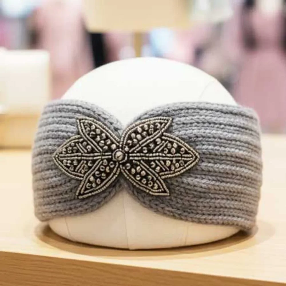 Ladies Grey Floral Headband - Ladies Gray Winter Flower Ear Warmer